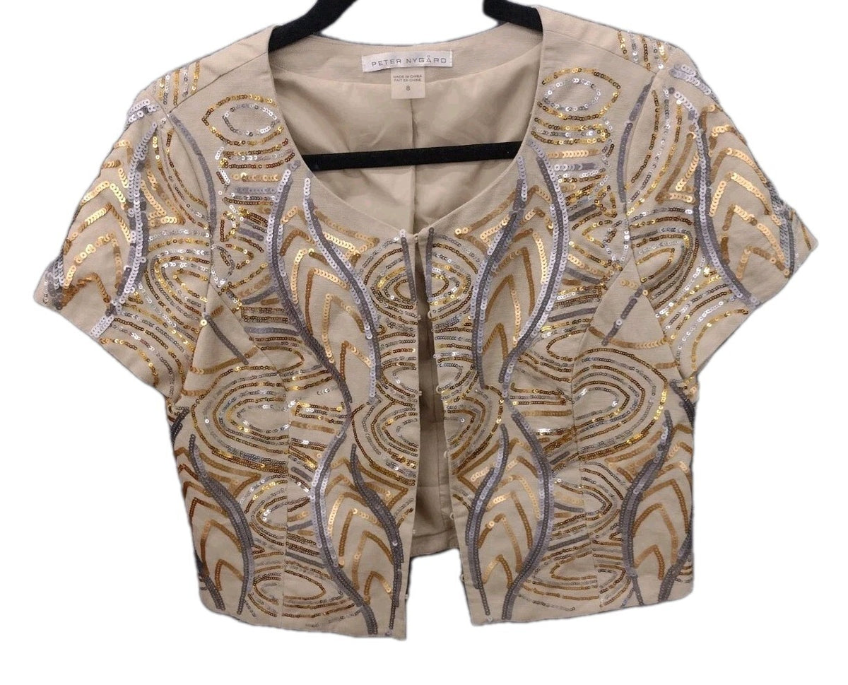 Peter Nygard Sequin Cropped Jacket Sz 8 Art Deco Gatsby Metallic Evening Bolero