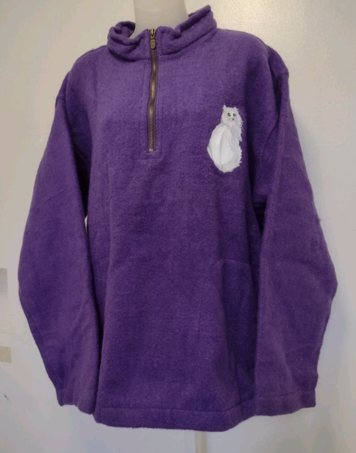 Vintage 90s Cabin Fever Purple Cat Fleece Pullover XL Deadstock Oversized Boxy