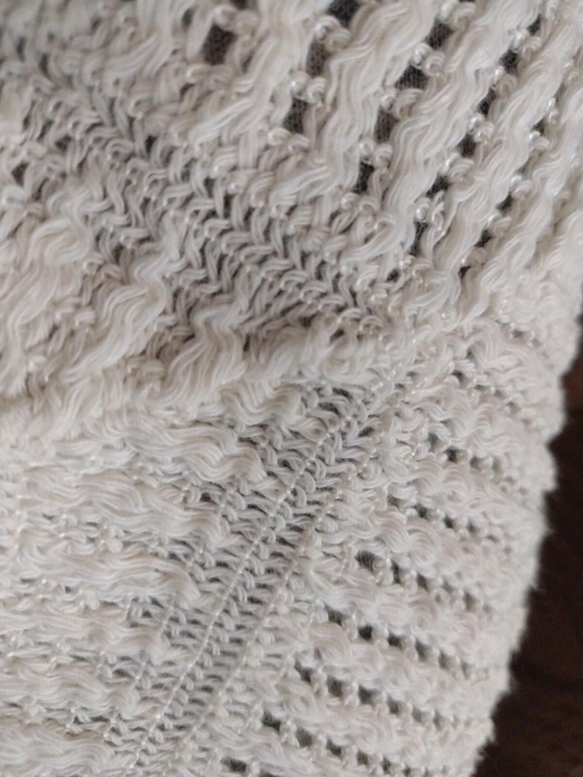 Knit Baby Blanket Cream Cotton Blend Crib Pram Vintage 80s Heirloom Lace