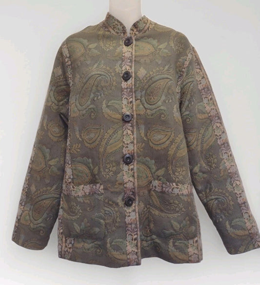 Vintage Koret Tapestry Jacket XL Floral Jacquard Earth Tones Mandarin Collar