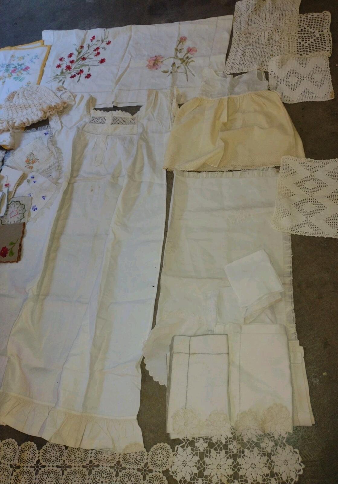 Antique & Vintage Textile Lot 58pc Linens Lace Nightgown Bonnet Dress Estate