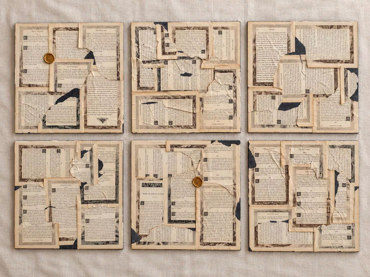 Antique Book Page Wall Art Set of 6, 12x12 Archive Panels, Dark Academia Vintage