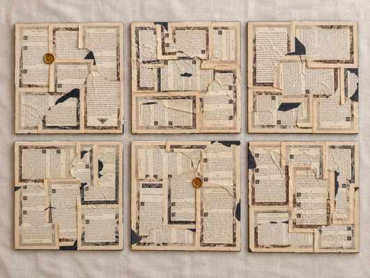 Antique Book Page Wall Art Set of 6, 12x12 Archive Panels, Dark Academia Vintage