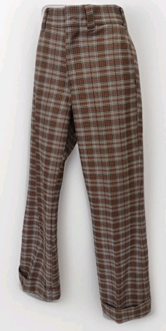Vintage 70s Plaid Double Knit Pants Women High Waist Wide Leg Retro Medium