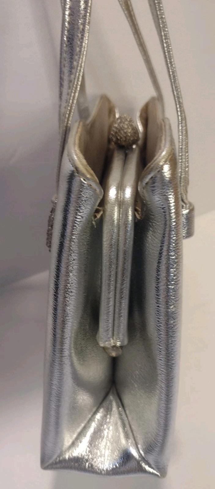 VTG 50s Silver Metallic Frame Bag HL USA Faux Leather Rope Clasp Tassel Detail