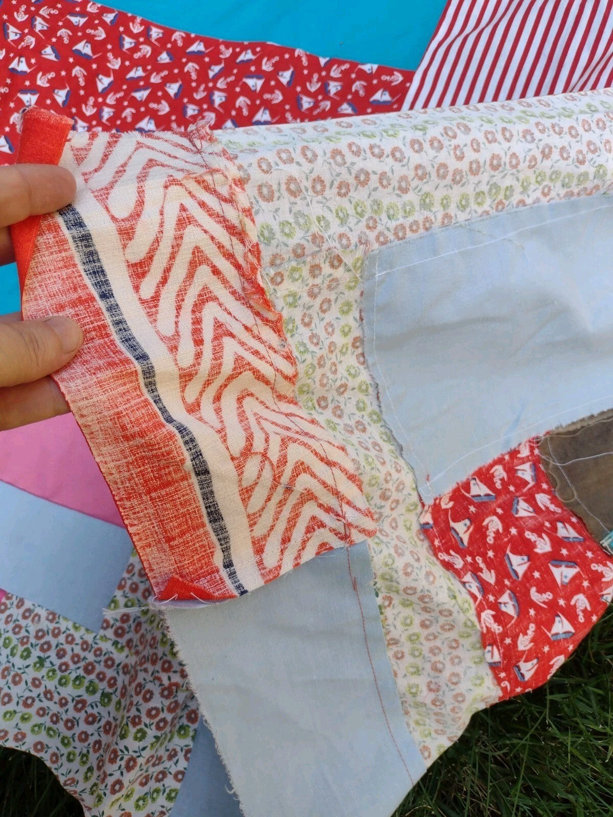 Vintage 80s Handmade Scrap Quilt Top 86x82 Make Do Patchwork Folk Art Textile