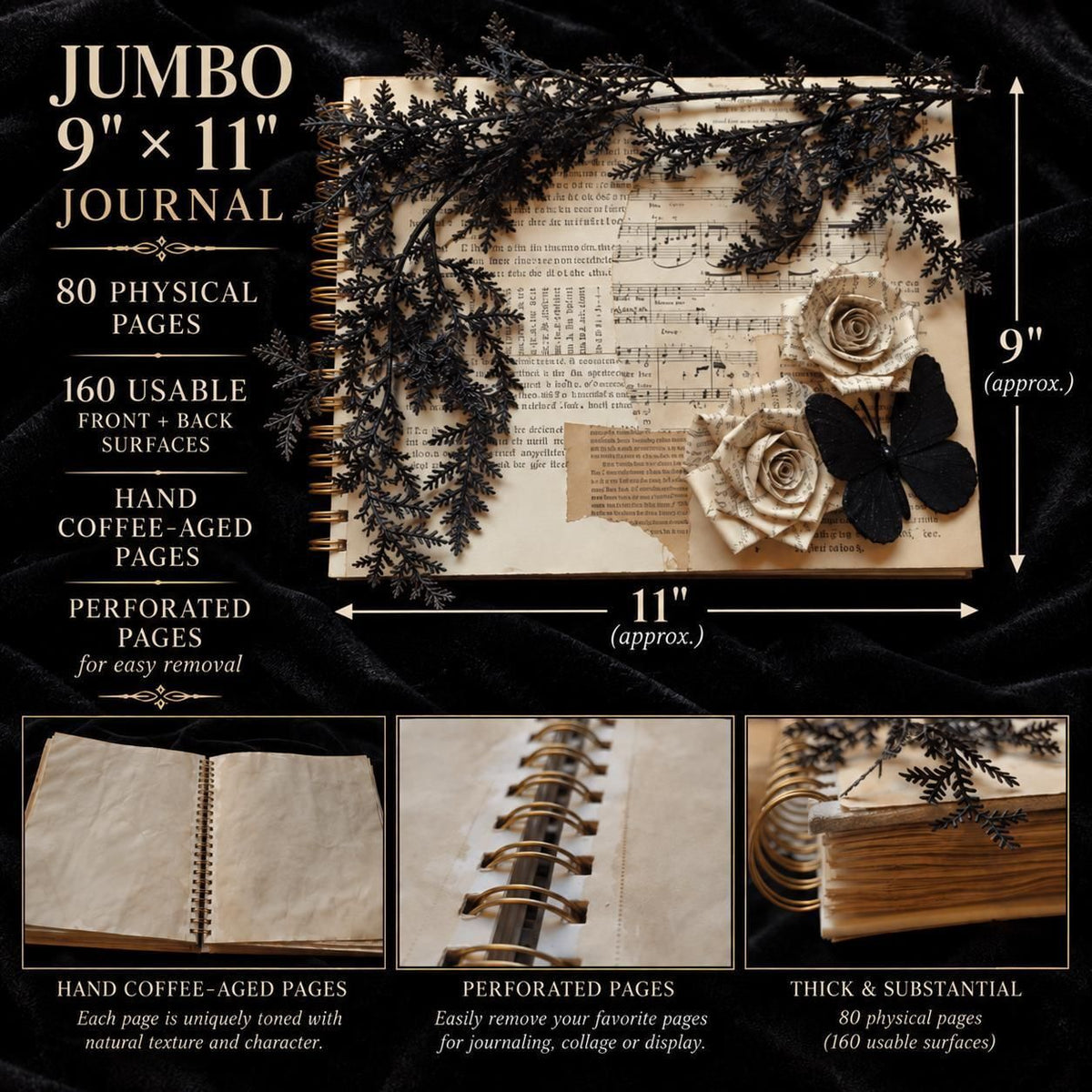 Jumbo 9x11 Gothic Junk Journal Midnight Garden Handmade Aged Spiral Journal